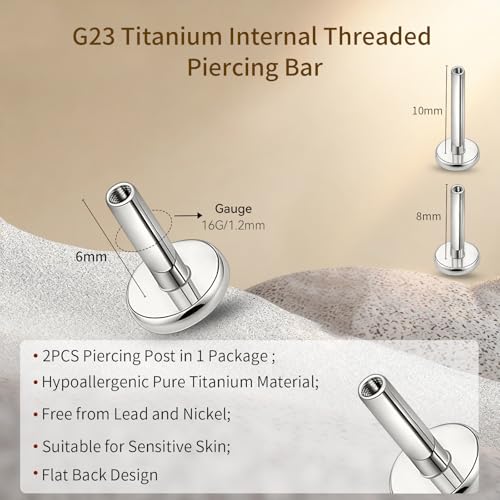 limerencia 16G/18G Hypoallergenic Internal Threaded Titanium Bar Post Replacement,Flat Back Stud Earrings Post Medusa Helix Couch Labret Bar for Women Men Sensitive Ears(A Pair) - color: silver tone, size: 16G-6mm