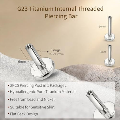 limerencia 16G/18G Hypoallergenic Internal Threaded Titanium Bar Post Replacement,Flat Back Stud Earrings Post Medusa Helix Couch Labret Bar for Women Men Sensitive Ears(A Pair) - color: silver tone, size: 16G-6mm