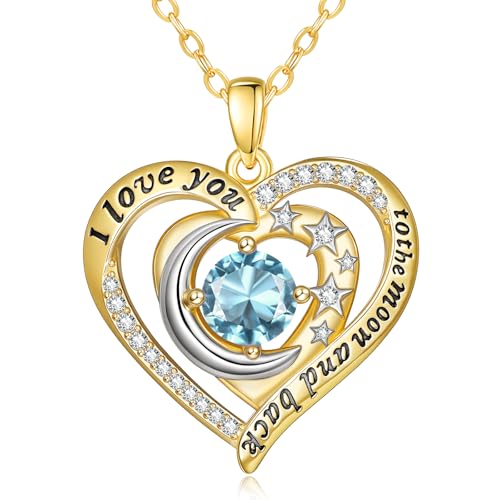 14K Gold I Love You to the Moon and Back Necklace for Women, Double Heart Birthstone Necklace, Moon Star Love Jewelry, Christmas Valentines Mothers Day Birthday Gifts for Wife Mom Girlfriend - color: 03-Mar Birthstone