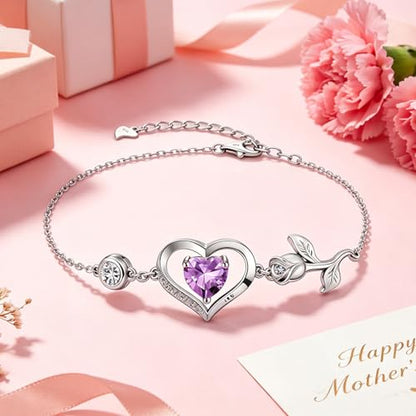 1CT Rose Heart Birthstone Bracelet for Women Love Gift - style: 06-Jun Light Purple Silver