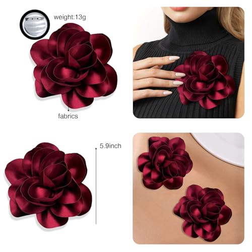 2Pack 6inch Extra Large Satin Brooches Lapel Pins Dainty Elegant Fabric Camellia Rose Flower Brooch Pin for Women Wedding Part Dance Clothes Accessories Jewelry - color: Dark Red