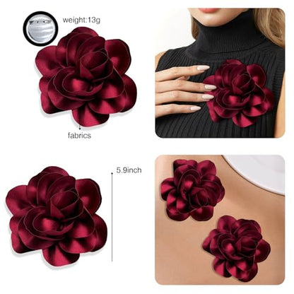 2Pack 6inch Extra Large Satin Brooches Lapel Pins Dainty Elegant Fabric Camellia Rose Flower Brooch Pin for Women Wedding Part Dance Clothes Accessories Jewelry - color: Dark Red