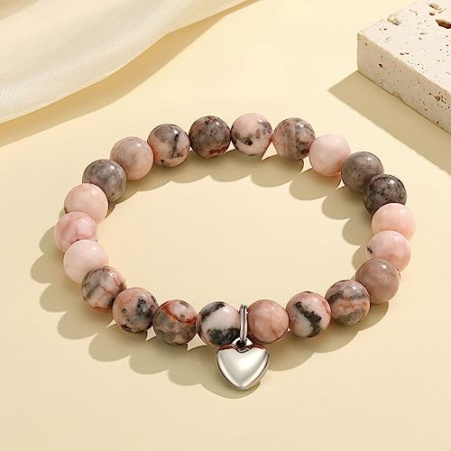 MIXJOY Inspirational Gifts for Women, Heart Charm Pink Elastic Beads Bracelet, Positive Affirmations Get Well Soon Gifts - style: steel heart precious loved pink