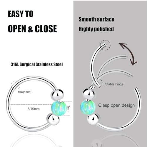 2 Pcs Small Cartilage Hoop Earrings for Women Men, 18G Opal Silver Earrings Hypoallergenic 316L Surgical Steel Hinge Huggie Hoop Earrings for Helix,Tragus,Conch,Rook,Earlobe Piercing Jewelry Nose Ring - style: 1Pc8mm+1Pc10mm Green Opal/Silver