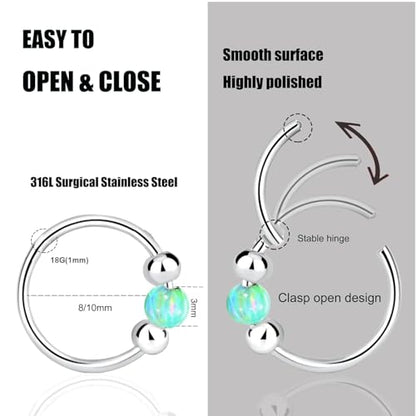 2 Pcs Small Cartilage Hoop Earrings for Women Men, 18G Opal Silver Earrings Hypoallergenic 316L Surgical Steel Hinge Huggie Hoop Earrings for Helix,Tragus,Conch,Rook,Earlobe Piercing Jewelry Nose Ring - style: 1Pc8mm+1Pc10mm Green Opal/Silver