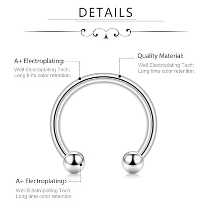 D.Bella 16G 18G 20G Horseshoe Septum Rings Surgical Steel Nose Piercing Jewelry Cartilage Helix Tragus Earring Hoop Eyebrow Lip Retainer for Women Men 6mm 8mm 10mm 12mm - color: 16g-6mm 8mm 10mm 12mm -Sliver