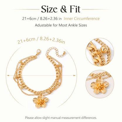 Fesciory Gold Plated Ankle Bracelets for Women, Adjustable Layered Flower Cherry Charm Anklets, Summer Hawaiian Beach Foot Jewelry Gifts - color: Flower(Gold)