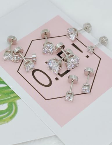Kainier Women's 14K Gold Plated CZ Stud Earrings Simulated Diamond Round Cubic Zirconia Ear Stud Set（5 Pairs)… - color: Flatback-Platinum