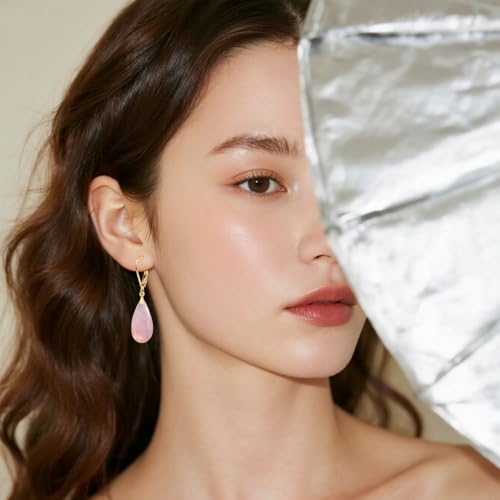 Natural Waterdrop Stone Drop Earrings,Yellow Gold Plated Real Genuine Teardrop Crystal Quartz Gemstone Dangle Earrings for Women Her - color: C01_Rose-Purple Jade