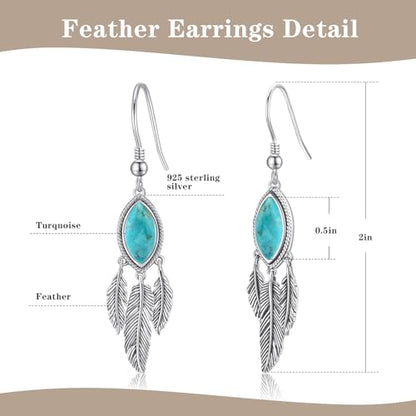 AVECON Turquoise Dangle Earrings for Women, Sterling Silver Feather Jewelry | Genuine Western Marquise Boho Pierced, Native American Jewelry with Hook and Leaf, for Cowgirl & Cowboy - color: Turquoise