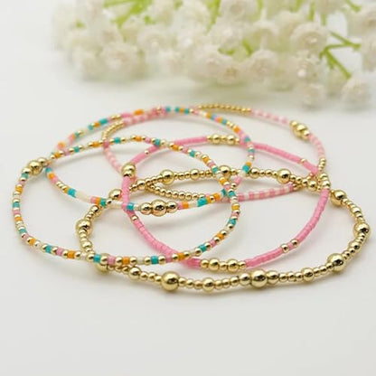 5Pcs Stack Gold Plated Ball Beaded Bracelets Set for Women, Boho Handmade Colorful Glass Pearl Stretch Accessories Jewelry, Summer Beach Daily Wear Holiday Friendship Gift - color: Pink