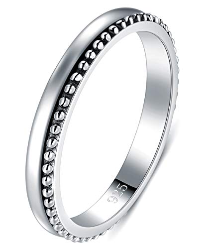 BORUO 925 Sterling Silver Ring High Polish Thin Beaded Bali Stackable Tarnish Resistant Engagement Wedding Band 2mm Ring 4-12