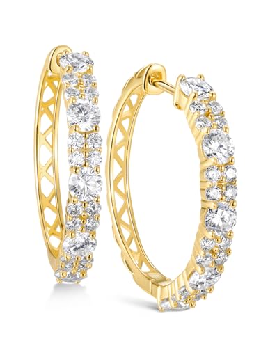 Women's Huggie Hoops with Birthstone 925 Sterling Silver Huggie Stud Hypoallergenic 14K Gold Plated Moissanite Earrings -Emerald Sapphire Ruby Hoop Earrings, Size 20 25mm - color: A -Moissanite Gold, size: 25mm (1 Inch)