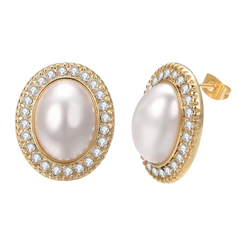 Pearl and Rhinestone Stud Earrings for Women Retro Statement Earrings Wedding Party Prom Jewelry - color: Mabe Pearl-Gold