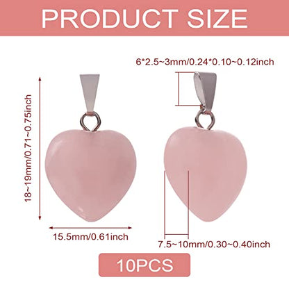10Pcs Heart Stone Charm Pendants Natural Rose Quartz Gemstone Pendants with Platinum Brass Loops for DIY Necklace Keychains Earring Crafts Supplies - color: Rose Quartz