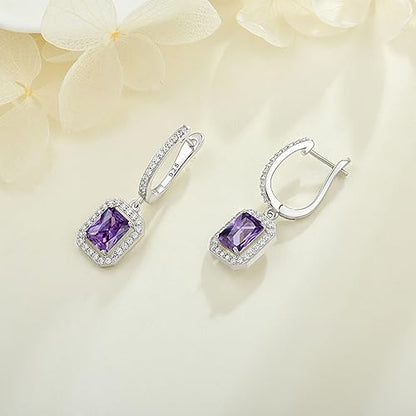 Women's Solitaire Dangle Drop Earrings 925 Sterling Silver Pure Square Huggie Earrings Hoop Dangle Drop Earrings Jewelry Gift - color: 02-amethyst-Feb