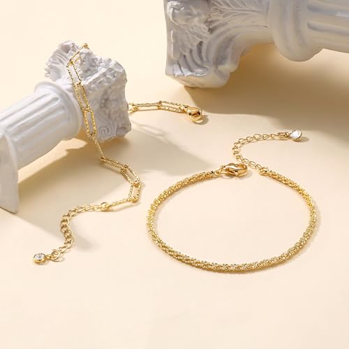 Freekiss Sparkle Glitter Waterproof Ankle Bracelets for Women Trendy | Dainty Layered Anklet for Women Adjustable Womens Anklet Set Stackable Beaded Cuban Link Anklets Beach Jewelry for Women - color: 2 Layered Anklet Paperclip-GD