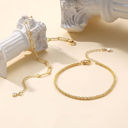 Freekiss Sparkle Glitter Waterproof Ankle Bracelets for Women Trendy | Dainty Layered Anklet for Women Adjustable Womens Anklet Set Stackable Beaded Cuban Link Anklets Beach Jewelry for Women - color: 2 Layered Anklet Paperclip-GD