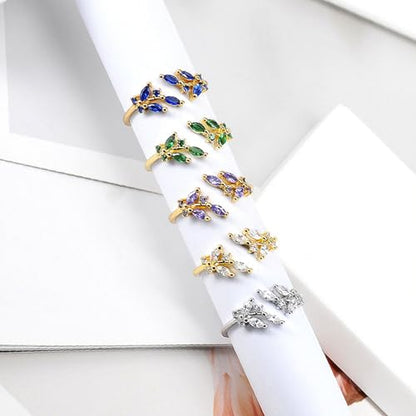 Gold Rings Non Tarnish Silver Adjustable Rings for Women Cubic Zirconia Leaf Ring Dainty Silver Stackable Ring for Women - style: blue