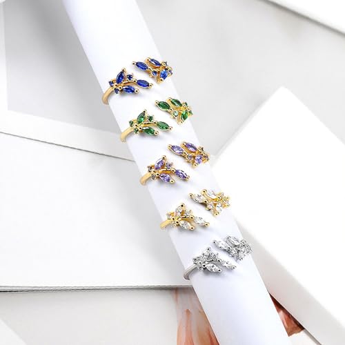 Gold Rings Non Tarnish Silver Adjustable Rings for Women Cubic Zirconia Leaf Ring Dainty Silver Stackable Ring for Women - style: blue