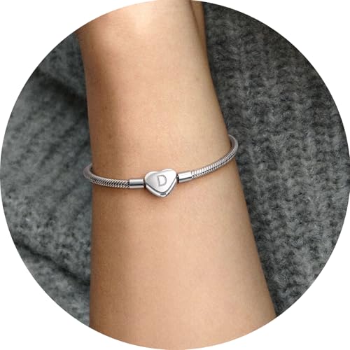 Initial Bracelet Heart Clasp Stainless Steel Snake Chain Alphabet Letter Charm Gift for Women Mom Girlfriend Wife - style: D