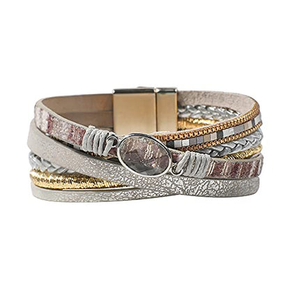Vercret Leather Wrap Bracelet for Women, Multi-Layer Cuff Bangle | Boho Stacked Bracelets with Safe Clasp Western Bangle Jewelry Gift for Lady and Mom Sister Friend - style: Light Grey Leather Bracele