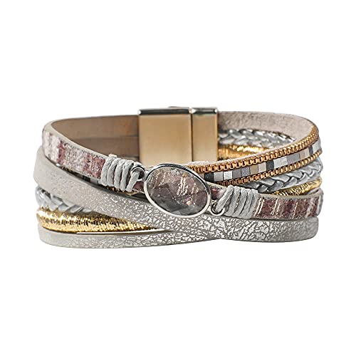 Vercret Leather Wrap Bracelet for Women, Multi-Layer Cuff Bangle | Boho Stacked Bracelets with Safe Clasp Western Bangle Jewelry Gift for Lady and Mom Sister Friend - style: Light Grey Leather Bracele