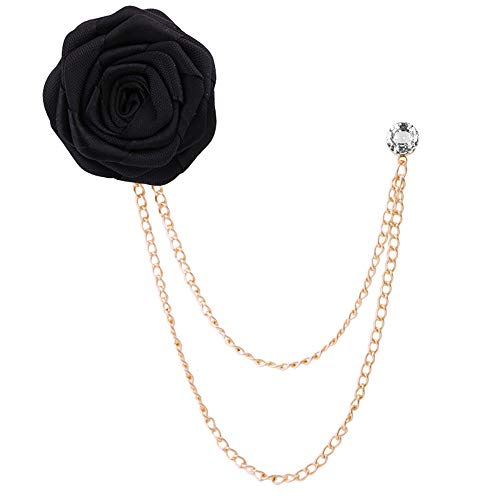 Fashion Bridegroom Wedding Brooches Cloth Art Hand-Made Rose Flower Brooch Lapel Pin Badge Tassel Chain Men's Suit Accessories - color: Black
