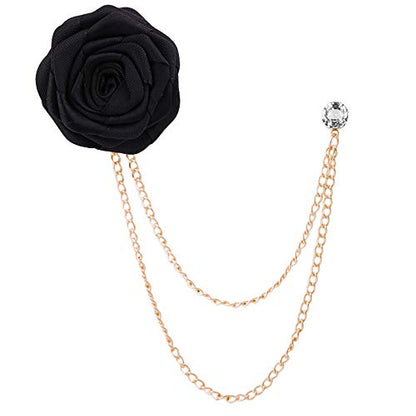 Fashion Bridegroom Wedding Brooches Cloth Art Hand-Made Rose Flower Brooch Lapel Pin Badge Tassel Chain Men's Suit Accessories - color: Black