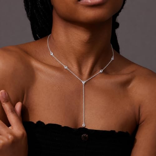 Lariat Necklace for Women, Dainty 14K Gold/Silver Plated Long Necklaces for Women Trendy Simple Layered Y-Shaped Pendant Necklace Adjustable Fashion Jewelry Gift - color: Silver, style: CZ Y Necklace