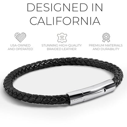 Elegatto Elagio Premium Braided Leather Bracelet for Men | Full-Grain Braided Leather with Sterling Silver Polished Stainless Steel Clasp | Men’s Designer Bracelets - color: Black Silver, size: Large