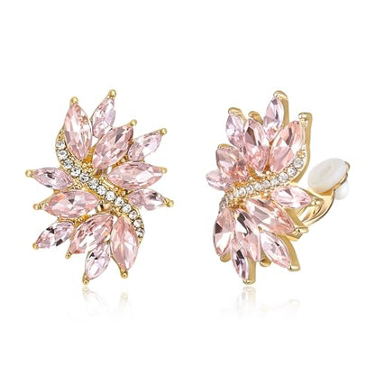 EVER FAITH Sparkly Rhinestone Clip-on Earrings for Women Bride, Fashion Marquise Crystal Cluster Wedding Bridal Stud Earring for Prom Formal Party - color: Pink Gold-Tone