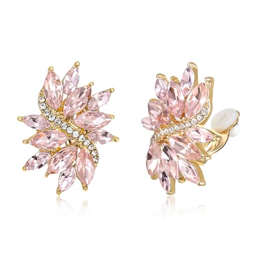 EVER FAITH Sparkly Rhinestone Clip-on Earrings for Women Bride, Fashion Marquise Crystal Cluster Wedding Bridal Stud Earring for Prom Formal Party - color: Pink Gold-Tone