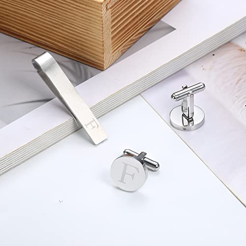 Initial Cuff Links Mens and Tie Clips for Men | Classic Silver Letter Alphabet A-Z Cufflinks and Tie Bar Set, Gifts for Men Father Husband for Formal Business Wedding - style: F