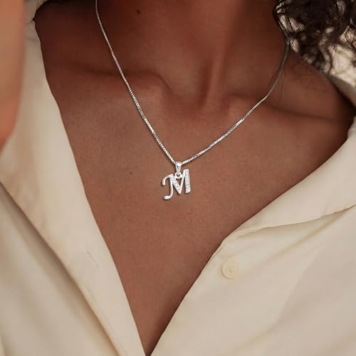 Initial Necklace for Women, 14K Gold Silver Plated Box Chain Letter Pendant, Trendy Name Necklace, Dainty Personalized Charm Jewelry Gift for Her - color: Silver, style: M