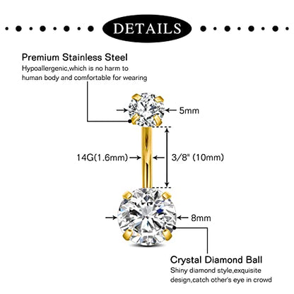 Incaton 14G Cute Heart Stainless Steel Belly Button Rings Belly Piercing Jewelry Diamond Belly Rings for Women Navel Piercing Jewelry - color: 5pcs Gold 2