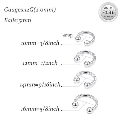 Ruifan 20G 18G 16G 14G 12G 8G 6G 4G 2G Horseshoe Nose Ring Titanium Septum Rings Piercing Jewelry Internally Threaded Gauges Cartilage Conch Helix Rook Lip Tragus Earring Hoop Eyebrow For Women Men - size: Ball: 12G - 14MM