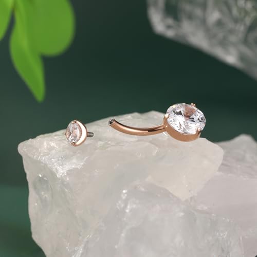 FUNLMO 14G Belly Button Ring Titanium Belly Button Piercing Belly Ring Internally Threaded Navel Piercing Jewelry - color: Rose gold-Clear CZ