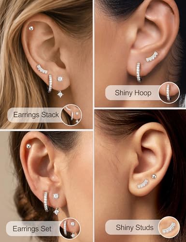 Small Gold Earring Stack Trendy 925 Sterling Silver Earrings for Women Hypoallergenic 14K Gold Plated Cubic Zirconia Stud Hoop Non Tarnish Huggie Hoop Earrings Set for Multiple Piercing Jewelry Gift - style: Silver: 1 Pairs of Hoops + 3 Pair of Studs