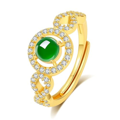 MRW Rings For Women Handmade Natura Green 925 Sterling Silver Gold Plated Zircon Ring Jewelry For Women - color: NATURAL JADE（Circular Design）