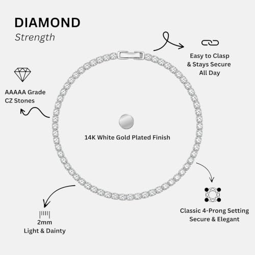 Tennis Bracelets for Women 2mm Dainty 14K Gold Plated CZ | 5A cubic zirconia, 4 prong sparkle, birthstone colors, 6.5-7.5 inches, fold over clasp, tarnish resistant, waterproof - color: Diamond-Like White