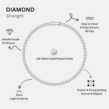 Tennis Bracelets for Women 2mm Dainty 14K Gold Plated CZ | 5A cubic zirconia, 4 prong sparkle, birthstone colors, 6.5-7.5 inches, fold over clasp, tarnish resistant, waterproof - color: Diamond-Like White