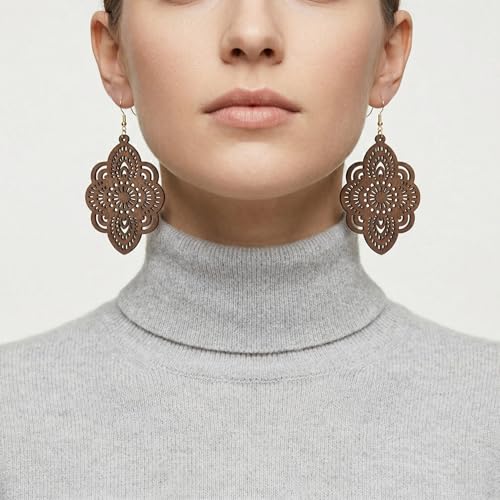 Boho Black Filigree Dangle Earrings for Women, Lightweight Hollow Lace Drop, Wood, 3.34" x 1.69", Bohemian Jewelry - color: Brown