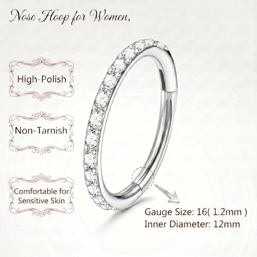 Staligue Nose Hoop ring - 316L Surgical Steel Nose Ring 16/18/20G Hinged Diamond Nose Ring Hoop Septum Clicker Rings Cartilage Earring Helix Rook Tragus Daith Piercing Jewelry for Women 6MM/8MM/10MM/12MM - color: Silver, size: 16G-12MM