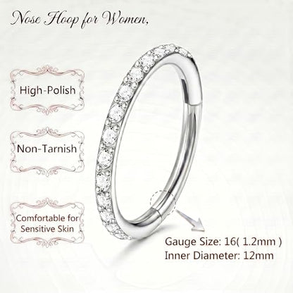 Staligue Nose Hoop ring - 316L Surgical Steel Nose Ring 16/18/20G Hinged Diamond Nose Ring Hoop Septum Clicker Rings Cartilage Earring Helix Rook Tragus Daith Piercing Jewelry for Women 6MM/8MM/10MM/12MM - color: Silver, size: 16G-12MM