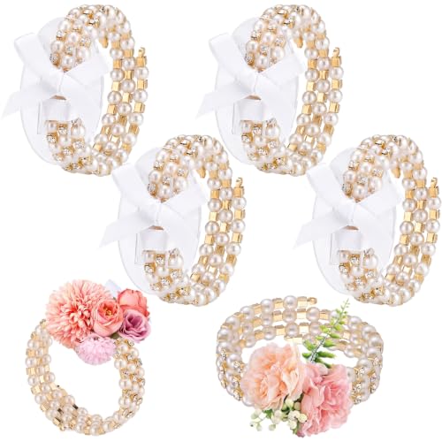 Hotop 4 Set Gold Rhinestone Pearl Alternating Corsage Wrist Bracelet Bands Gold Bride Bracelet Adjustable Wrist Corsage DIY Wedding Wristband Accessory for Bridal Party Prom - color: Gold, style: Alternating