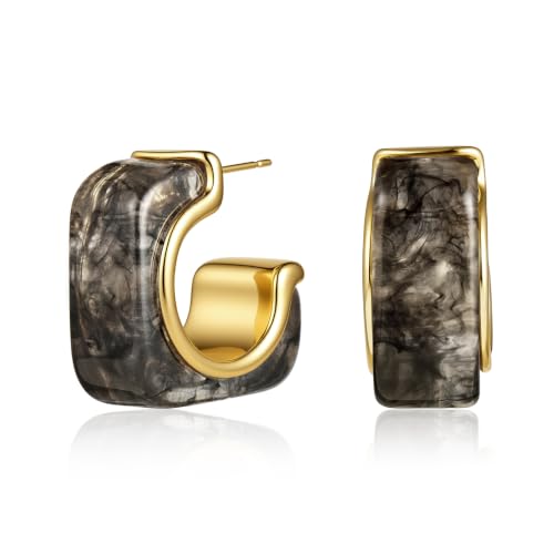 Chunky Hoop Earrings for Women, Tortoise Shell Leopard Hoops | Tortoise Shell Pattern; 18K Gold Plated Finish; 925 Silver Posts; Lightweight Statement Style - color: QIHP-18-Grey