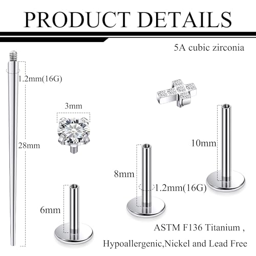 Titanium Flat Back Lip Rings Internally Threaded Earrings Studs Nose Rings 16G Cross Curve Stripe Tragus CZ Cartilage Lobe Rook Helix Conch Labret Medusa Piercing Jewelry for Women Men - style: Cross CZ
