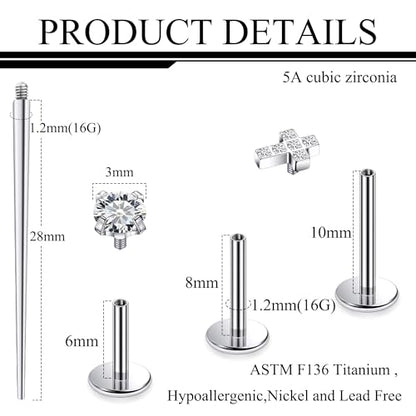 Titanium Flat Back Lip Rings Internally Threaded Earrings Studs Nose Rings 16G Cross Curve Stripe Tragus CZ Cartilage Lobe Rook Helix Conch Labret Medusa Piercing Jewelry for Women Men - style: Cross CZ