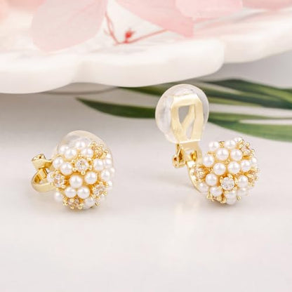 Minimalist Simulated Pearl Zircon Stud Clip on Earrings for Women Non-pierced Clip Earrings Gold Tone